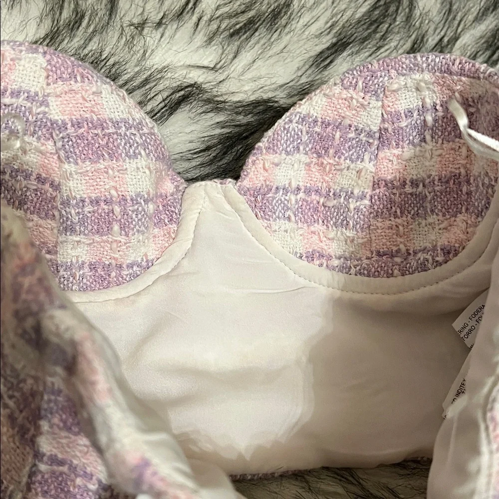 NWT ZARA Strapless Tweed Underwire Bustier Corset Top Lavender White Pink XS